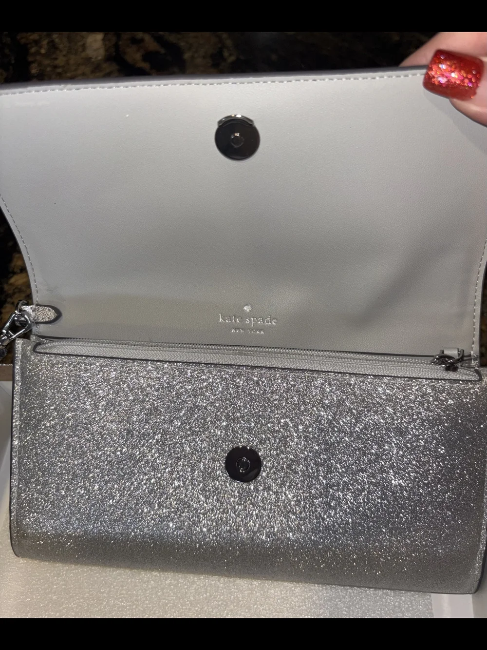 kate spade Silver Glitter Wristlet Clutch with Strap